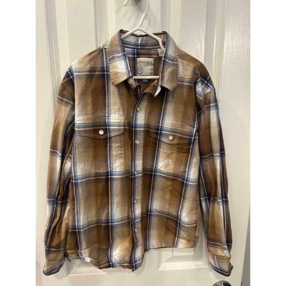 Roper Boys Brown Blue Plaid Western Long Sleeve Snap Shirt Size 8-10 k7174